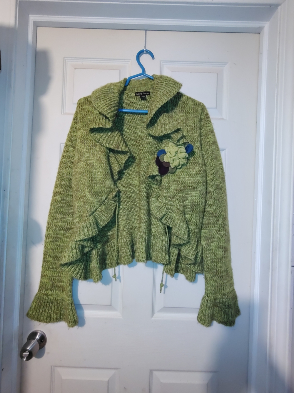 Ruffle-Trim Open Cardigan with Decorative Brooch — Light Green